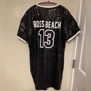 Women’s Sequin Boss Beach Black Jersey T Dress White Trim casual Streetwear M